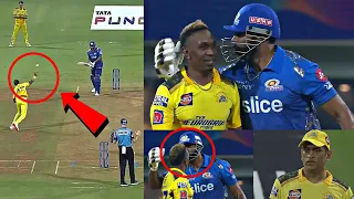 Dwayne Bravo throwing the ball towards Kieron Pollard during CSK vs MI match |