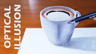 3D drawing : how to draw cup of coffee 3D illusion on paper, trick art black coffee