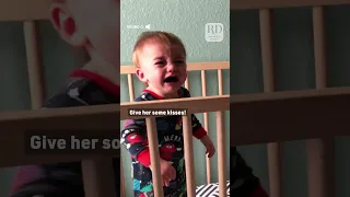 Baby Sister Kisses Her Twin Brother to Comfort Him