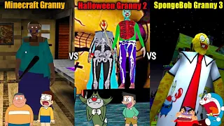 Minecraft Granny⛏️ vs Halloween Granny 2 🎃 vs SpongeBob Granny 3 With Doraemon And His Friends