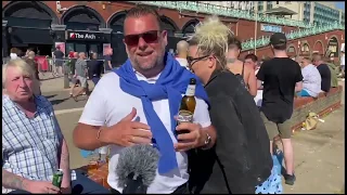 Person outside drinking beer explains how there are too many people outside drinking beer