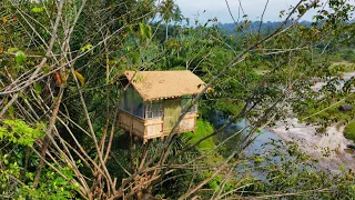 Make a tree house a cozy shelter in the forest, clay roof