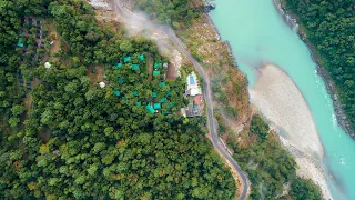 Aerial View of the Ganges & Cottages @ Atali Ganga in Rishikesh