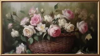 Vintage TV Art Roses Painting | Gold Framed TV Art | Art Screensaver for TV | 1 Scene - 2 Hrs