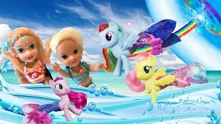 Anna and Elsa Toddlers Meet My Little Pony Mermaids! Barbie Boat Swimming Pool Toys Dolls Sea Ponies