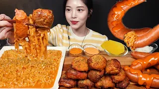 SUB)Pepper Crispy Fried Chicken with Cheese Cream Noodles & Giant Kielbasa Sausage Mukbang ASMR