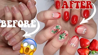 WATCH ME DO MY NAILS🍓STRAWBERRY NAIL ART🍓BIAB OVERLAY ON NATURAL NAILS