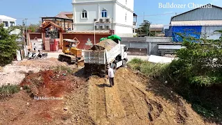 Great Action Dump Truck Unloading Dirt And Bulldozer Pushing Dirt Filling Land 40 X 40 Meter