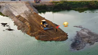 Build a Road Crossing The Water With Komatsu Dozer And 5T Dump Truck Transfer Stones#bulldozer