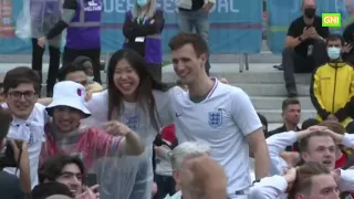 Fans in London's Trafalgar Square celebrate England's opening goal against Italy in Euro 2020 final