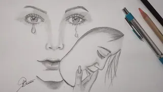 How To Draw A Sad Girl Wearing A Smiling Face Mask//Pencil Drawing Easy Step By Step//