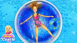 Barbie water pool fun at the swimming pool: Barbie dolls pool party & Barbie video for kids