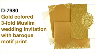 Gold colored 3-fold Muslim wedding invitation with baroque motif print. D-7980- New design!