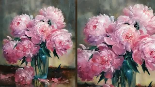 Pink Flowers Painting. How to Paint Pink Peonies. Oil painting process