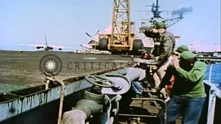 Landing of US Navy jet fighters on flight deck of air craft carrier USS Franklin ...HD Stock Footage