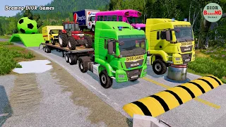 Double Flatbed Trailer Truck vs speed bumps|Busses vs speed bumps|Beamng Drive|508