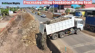 Processing Filling Foundation Making Road, By Bulldozer SHANTUI And Dump Truck 25Ton Unloading