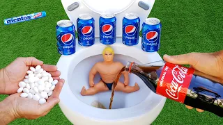 Experiment !! Stretch Armstrong VS Cola, Pepsi, Fanta, Sprite and Mentos in Toilet