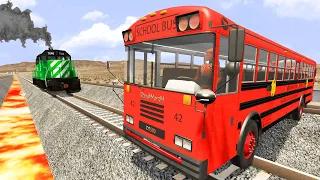 Trains vs Lava Crosses Road and Double Rails - Truck Rescue Stuck Cars Giant Pit Lava - BeamNG.Drive