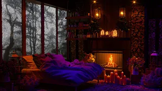 Cozy Rainy Ambience - Rain and Fireplace Ambience in Cabin With Gentle Rain Sounds In Night Woods