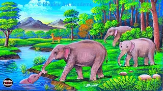 How To Draw forest Scenary Step By Step|Elephant Scenary With Animal With Acrylic Colour