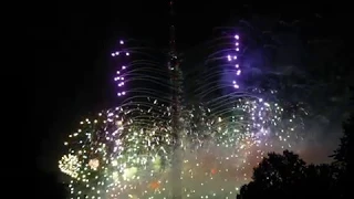 Ostankino TV tower celebrates fifty old jubilee with fireworks, festive lighting and show on a pond.