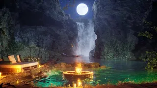 Soothing Nighttime Waterfall & Fireplace Ambience with Crickets - 8 Hours of Nature's Lullaby 4K