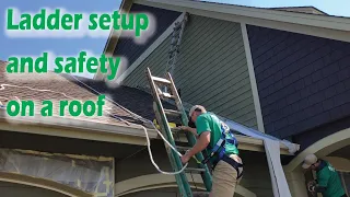 Ladder setup and safety on a roof