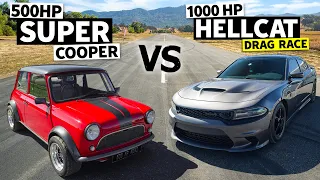 500hp Super Mini Cooper vs 1,000hp Dodge Charger Hellcat Drag Race // THIS vs THAT