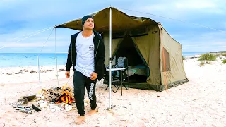 Solo Winter Camping On Remote Beach - Prawn Catch and Cook in a Storm