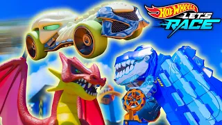 Ultimate T-Rex Transporter Battles Professor Rearview's Dragon! 🐲🦖 | Hot Wheels Let's Race
