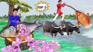 Giant Fish Catching in River Magical Money Fish Hindi Kahani Moral Stories Hindi Funny Comedy Video