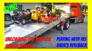 Part 2! Kruz Playing With His Dada's Rollback! Unloading His Ride On Power Wheels!