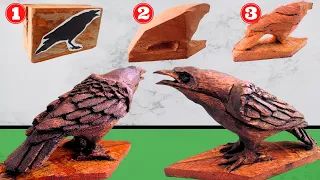 How to carve a bird in wood, ASMR wood carving crow with downloadable template step by step tutorial