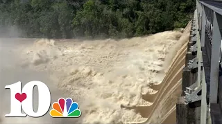 Great Falls Dam spills, releasing a torrent of water into the Caney Fork River in Middle Tennessee
