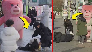 Two Girls FELL On Ground!! Craziest Reactions Ever!!  GIANT BEAR PRANK