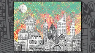 City Skyline: stencilling and mixed media design