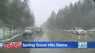 Spring Snow Hits Sierra On Mother's Day Making Driving Conditions Difficult