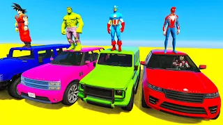 SPIDERMAN CARS Racing Challenge on RIVER Rampa ! SUPERHERO HULK Iron Man Goku JETSKI Cartoon - GTA 5