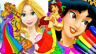 Disney Princess Rapunzel and Jasmine in a NEW Rainbow Color Dress - Coloring page