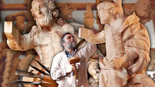 Resurrected Christ carved in wood for Holy Week. Handcraft of a religious image maker