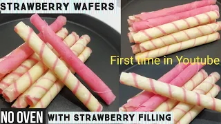 Crispy Strawberry Wafer Rolls with Strawberry Filling & Without Oven /Strawberry Cigarette Cookies.