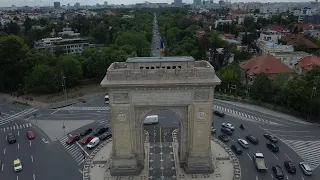 The Arch Of Triumph or Arcul de Triumf.  Great ARIAL View.  DRONE!  - Bucharest Romania - ECTV