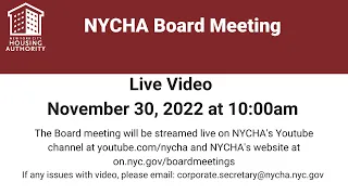 New York City Housing Authority Board Meeting on Wednesday November 30 at 10:00am