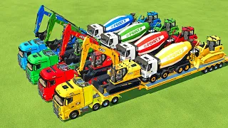 TRANSPORTING EXCAVATOR, MIXER TRUCK, BULLDOZER, POLICE CARS TO GARAGE WITH MAN TRUCK - FS22