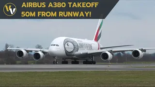 Emirates Airbus A380 close up takeoff at Zurich Airport - 50 meters from runway edge!!!