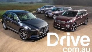 Mazda CX-9 vs Toyota Kluger v Hyundai Santa Fe v Kia Sorento | Drive.com.au