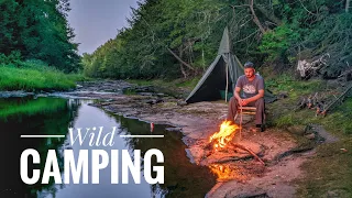 Solo Camping on a River Bank - Cooking on campfire