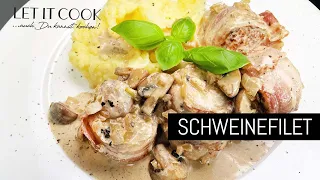 Schweinefilet im Speckmantel mit Rahmsauce mit Pfeffer Pilz Rahm und Kartoffelpüree