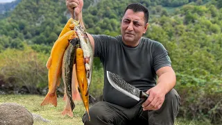 Fresh Trout Catch Straight from the River! Cooked on a fire in the Mountains